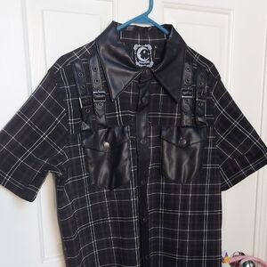 Killstar Black Plaid Button-Up Shirt with Faux Leather Accents